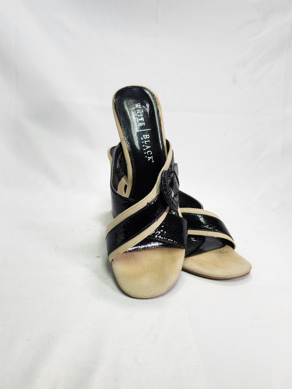 White House Black Market Black and Cream Patent Slide Mules